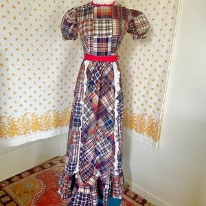 Vintage 70s Plaid Prairie Maxi Dress XS/S – Lace Trim, Puff Sleeves, Raymodes NY